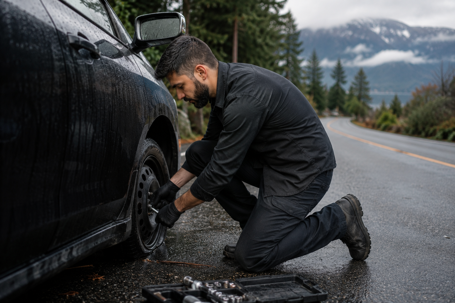 Roadside tire change with mountain and lake backdrop