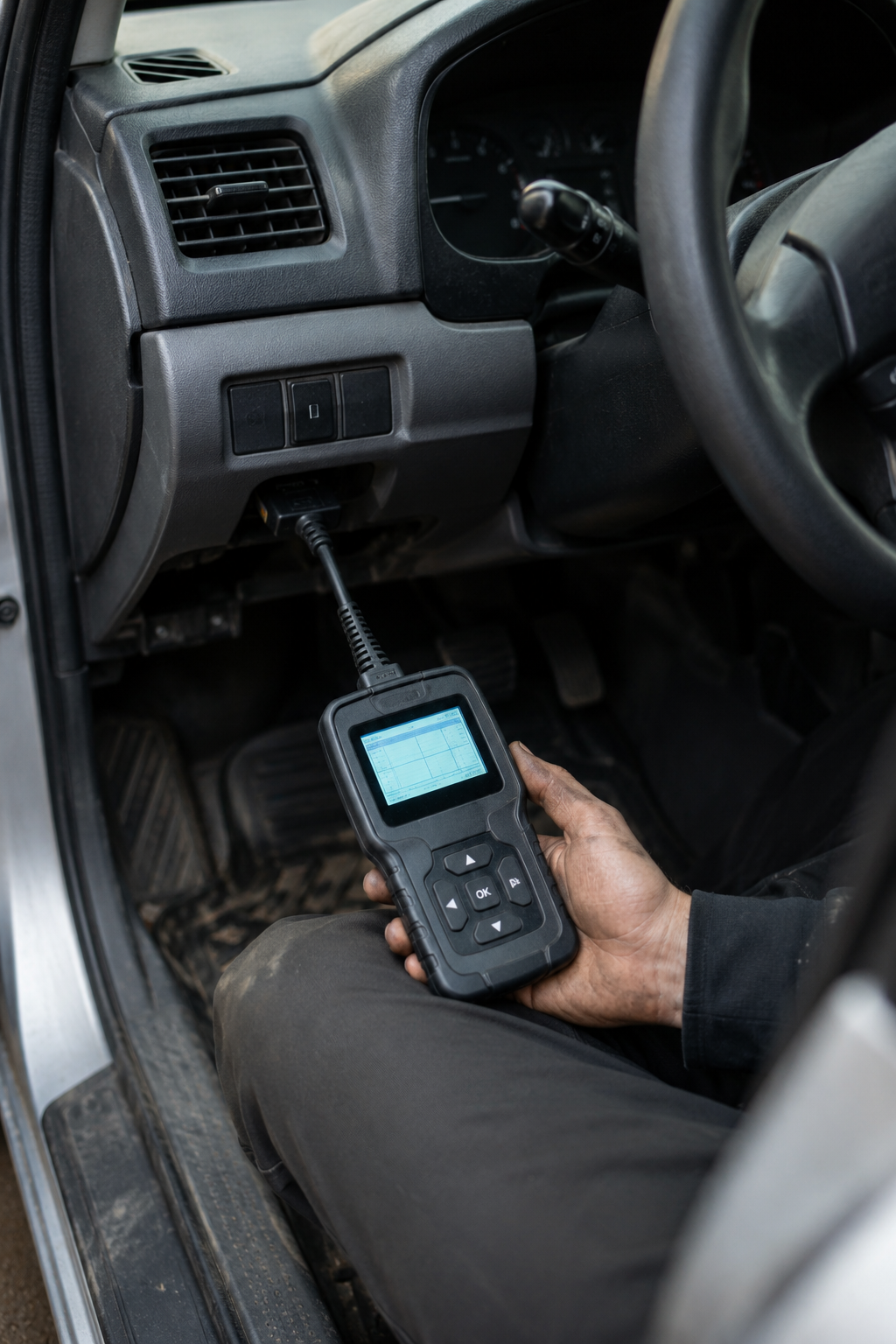 Mechanic's hand holding a handheld OBD-II diagnostic scanner plugged into a car's diagnostic port with the dashboard visible